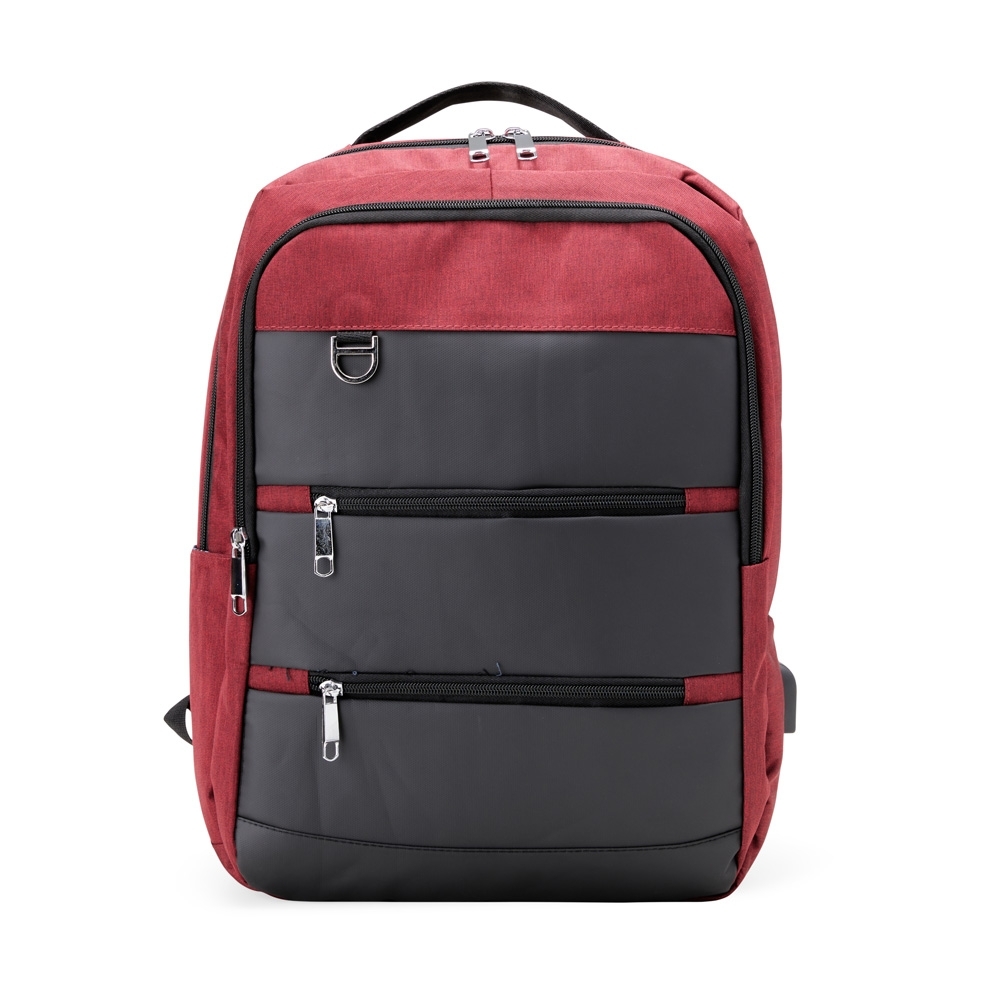 Mochila de nylon 23 litros com couro sintético, 4 compartimentos e USB personalizada com a logo da empresa, na cor vermelho / preto