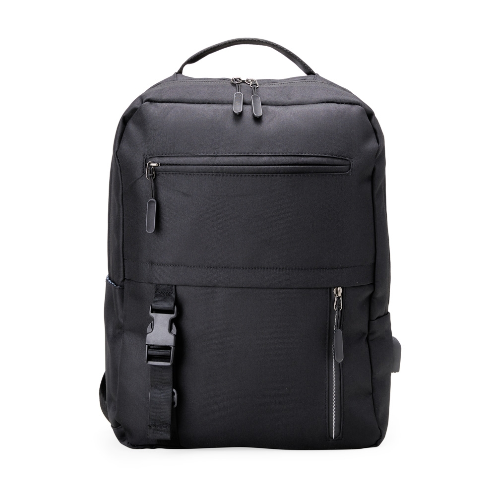 Mochila de nylon 23 litros para notebook com 3 compartimentos e USB na cor Preto, personalizada com a logo da empresa
