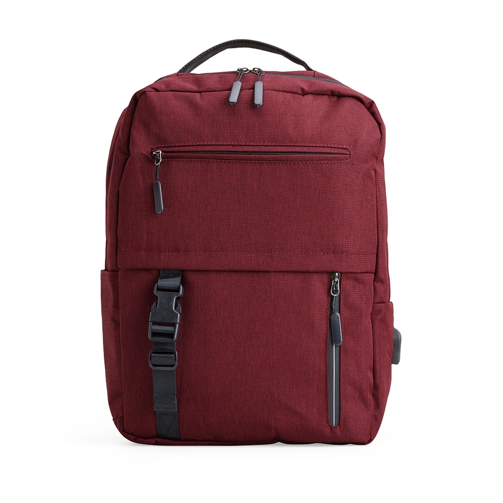 Mochila de nylon 23 litros para notebook com 3 compartimentos e USB personalizada com a logo da empresa, na cor vermelho