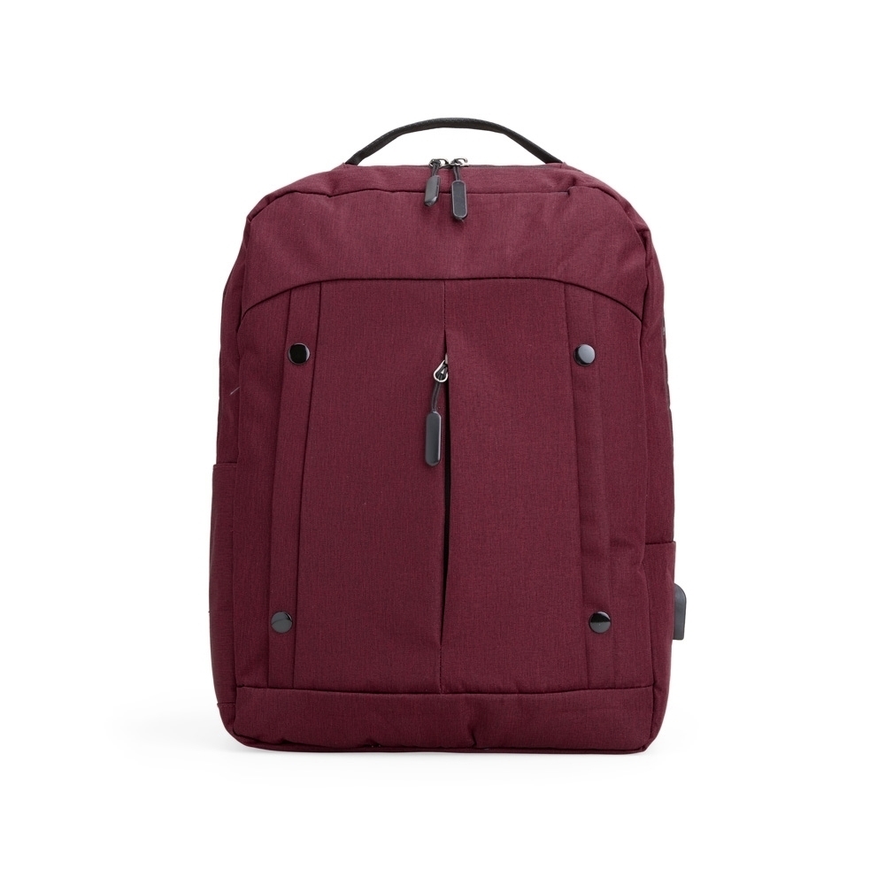 Mochila de nylon 20 litros para notebook com 2 compartimentos e USB personalizada com a logo da empresa, na cor vermelho