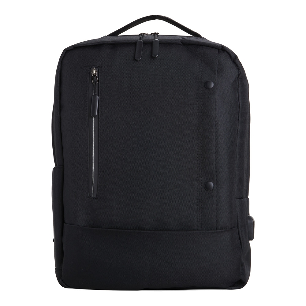 Mochila de nylon 22 litros para notebook com 4 compartimentos e USB na cor Preto, personalizada com a logo da empresa