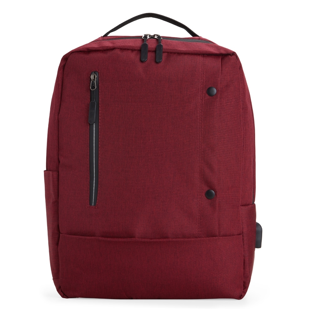 Mochila de nylon 22 litros para notebook com 4 compartimentos e USB personalizada com a logo da empresa, na cor vermelho