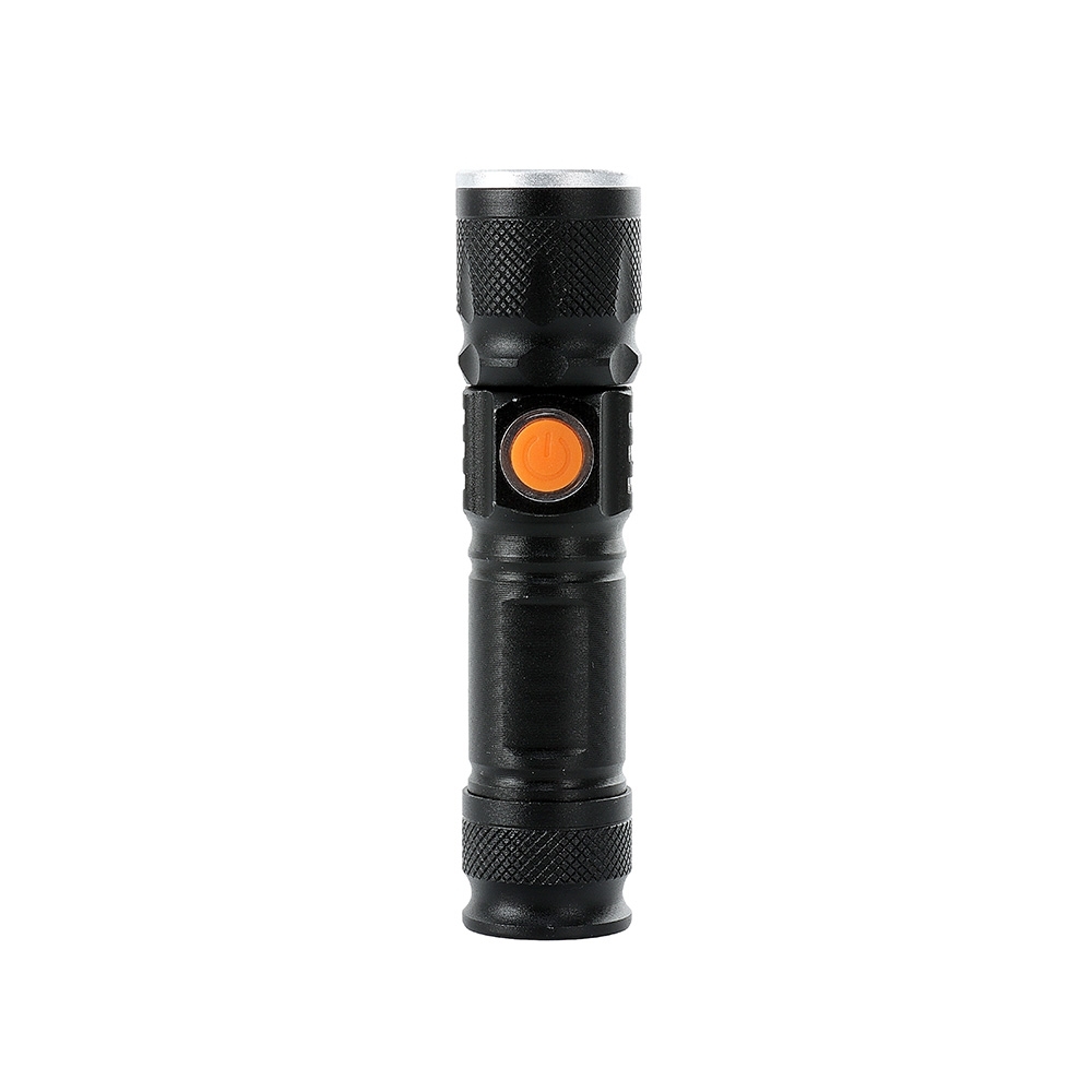 Lanterna de metal recarregável com zoom e foco ajustáveis na cor Preto, personalizada com a logo da empresa