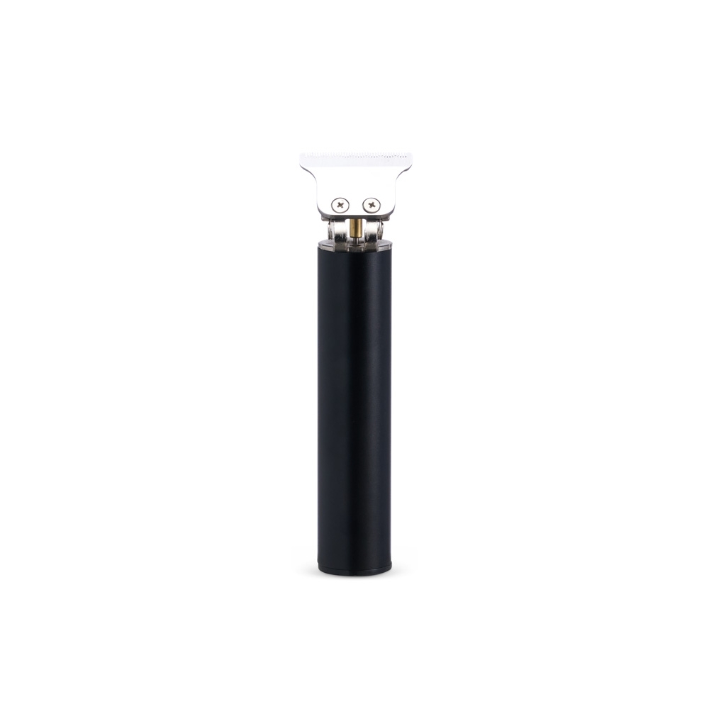 Máquina de cortar cabelo recarregável de alumínio na cor Preto / Inox, com a logo da empresa