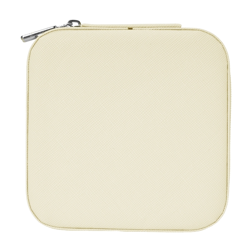 Porta-joias quadrado de couro sintético com ganchos personalizado com a logo da empresa, na cor creme