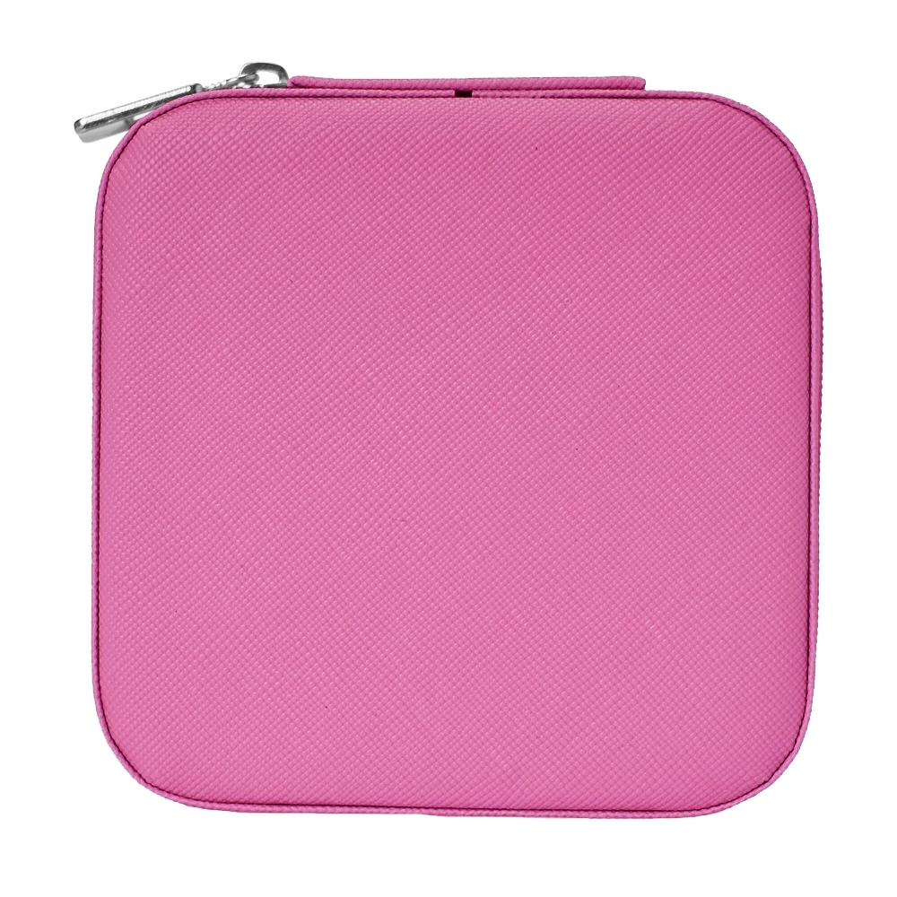 Porta-joias quadrado de couro sintético com ganchos personalizado com a logo da empresa, na cor pink