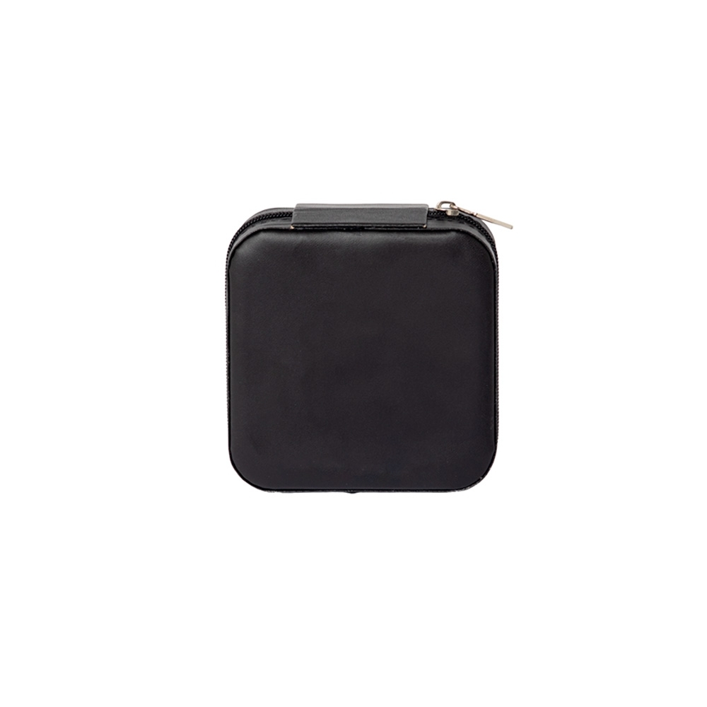 Porta-joias de couro sintético quadrado compacto com zíper na cor Preto, personalizado com a logo da empresa