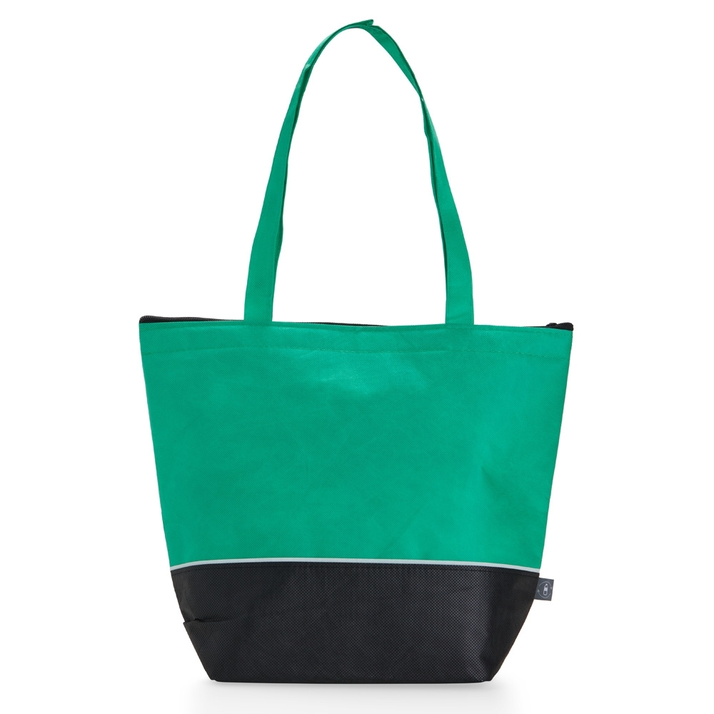 Sacola RPET térmica 10 litros personalizada com a logo da empresa, na cor verde / preto