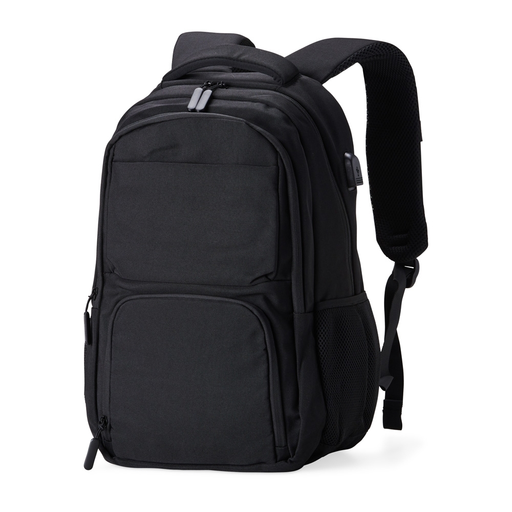 Mochila de poliéster USB 28 litros para notebook com divisórias na cor Preto, personalizada com a logo da empresa