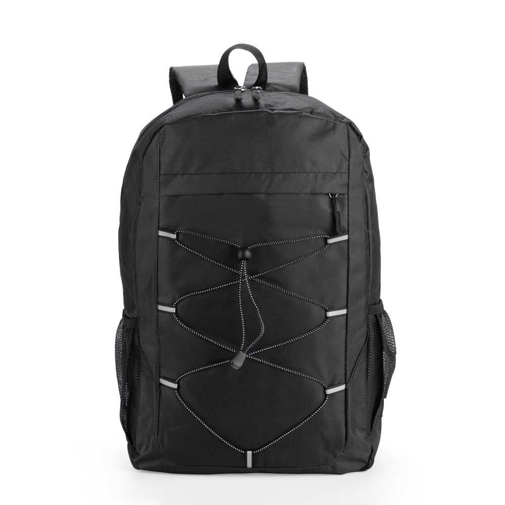Mochila de poliéster 23 litros impermeável com divisórias e zíper na cor Preto, personalizada com a logo da empresa