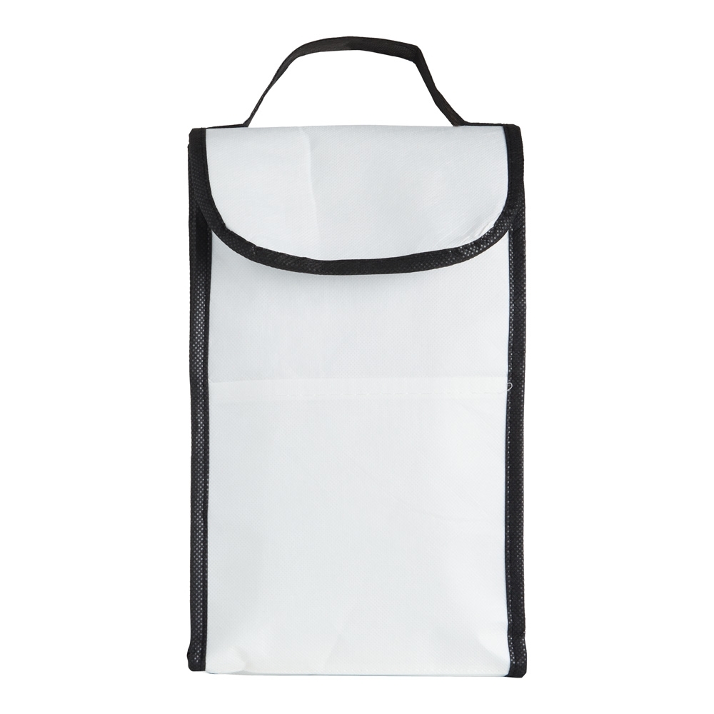 Bolsa térmica 4 litros de RPET com bolso frontal personalizada com a logo da empresa, na cor branco