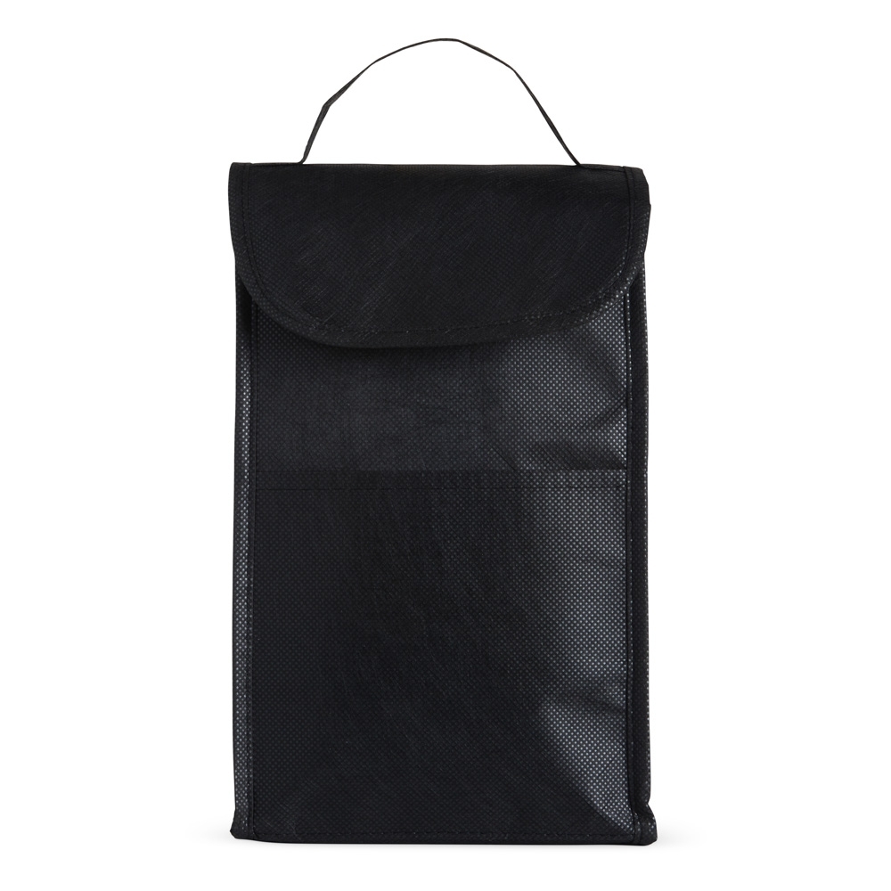 Bolsa térmica 4 litros de RPET com bolso frontal na cor Preto, personalizada com a logo da empresa