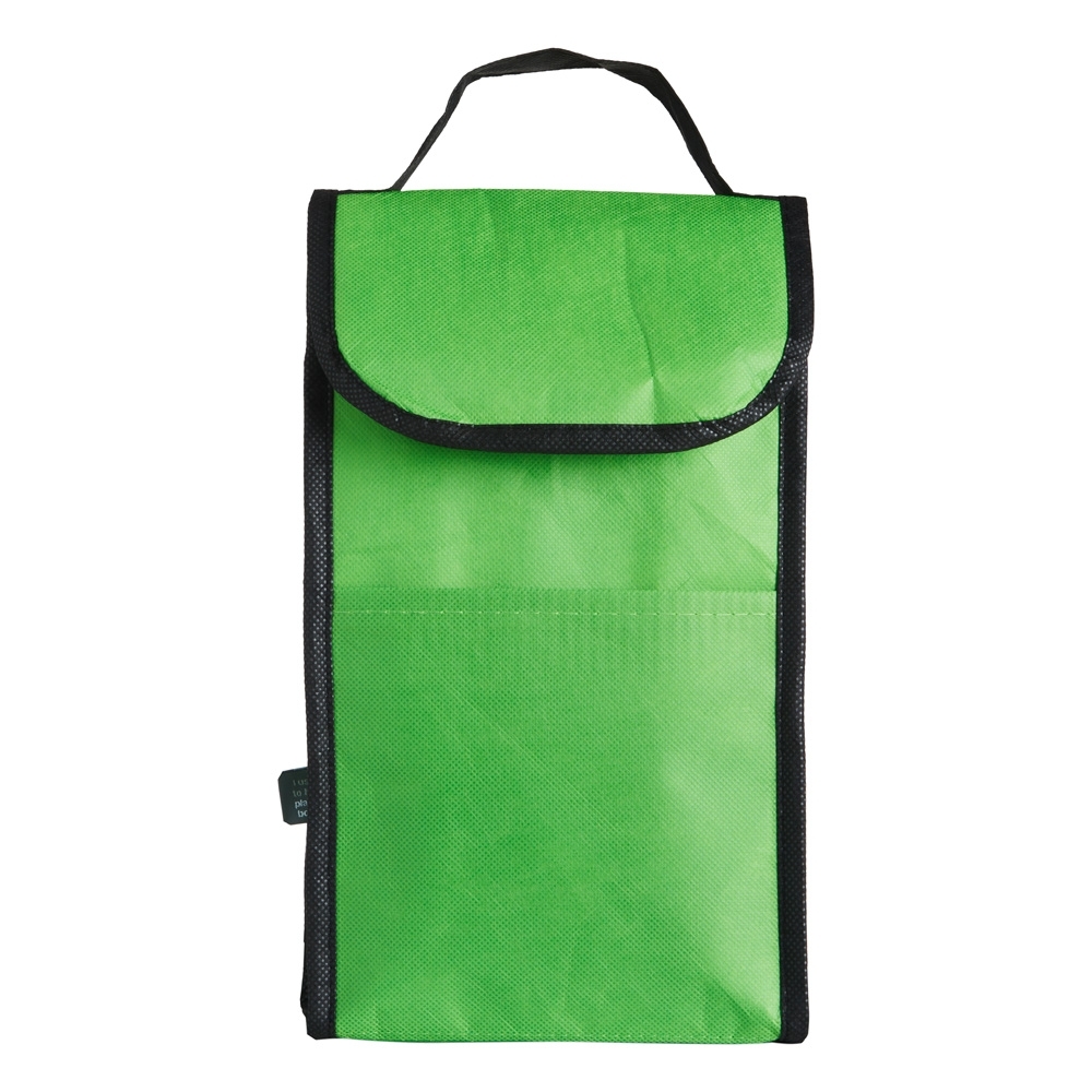 Bolsa térmica 4 litros de RPET com bolso frontal personalizada com a logo da empresa, na cor verde