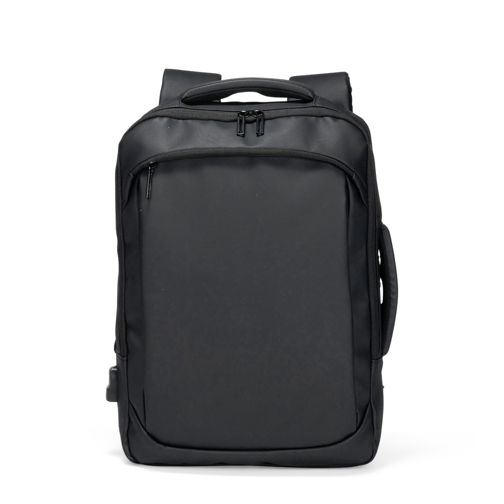 Mochila de couro sintético 18 litros para notebook com saída USB na cor Preto, personalizada com a logo da empresa