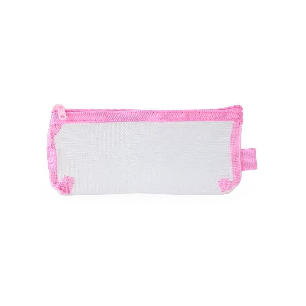 Estojo de nylon com zíper e duas alças personalizáveis personalizado com a logo da empresa, na cor rosa