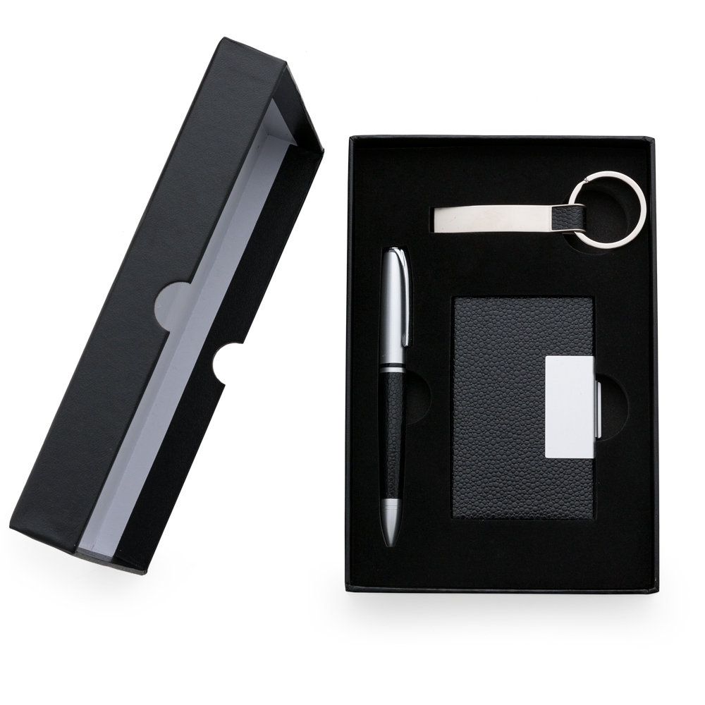 Kit executivo 3 peças com chaveiro, porta-cartão e caneta de metal personalizado com a logo da empresa