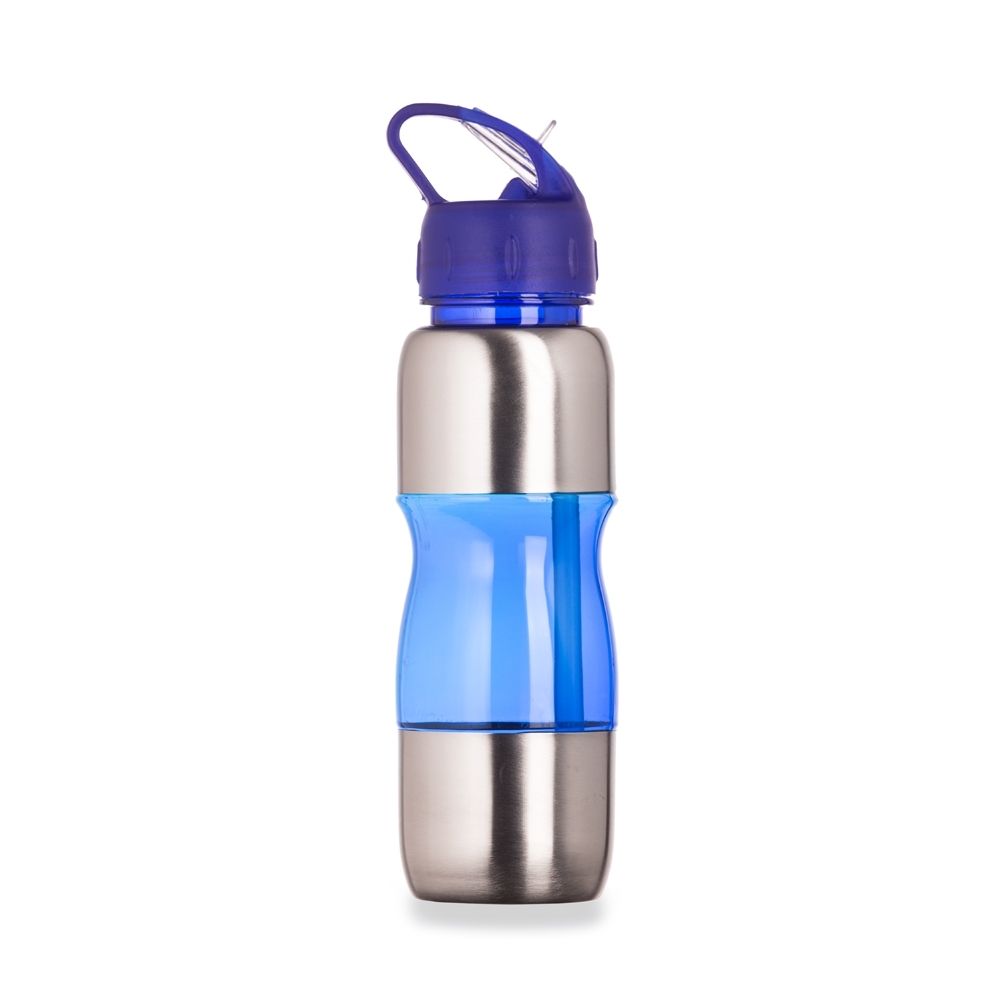 Squeeze de alumínio 600 ml com corpo acinturado, canudo e alça personalizado com a logo da empresa, na cor azul / inox