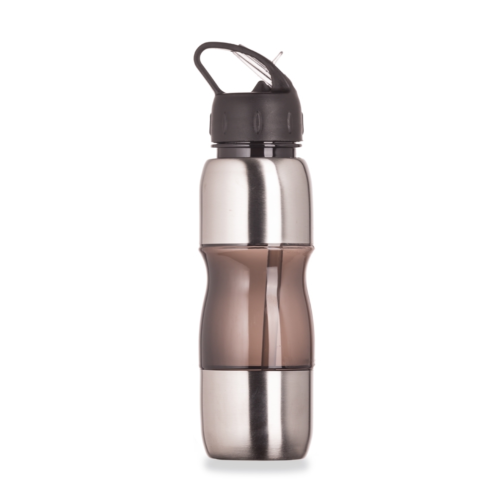 Squeeze de alumínio 600 ml com corpo acinturado, canudo e alça na cor Fumê / Preto, personalizado com a logo da empresa