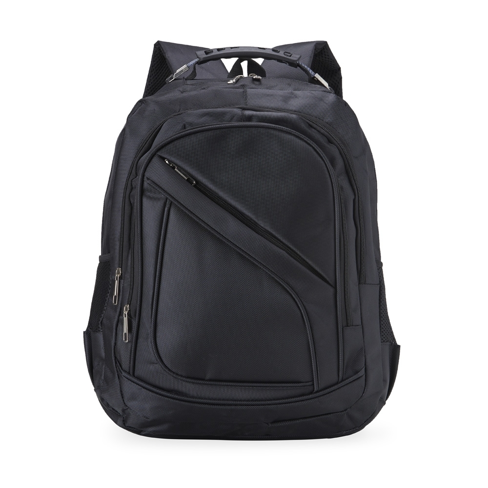 Mochila de nylon 30 litros para notebook com 4 compartimentos na cor Preto, personalizada com a logo da empresa