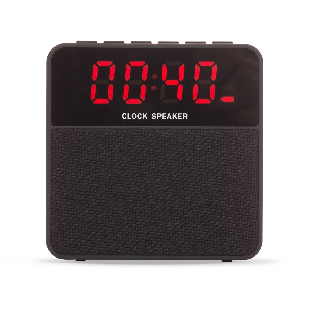 Caixa de som multimídia quadrada com relógio e display de LED na cor Preto, personalizada com a logo da empresa