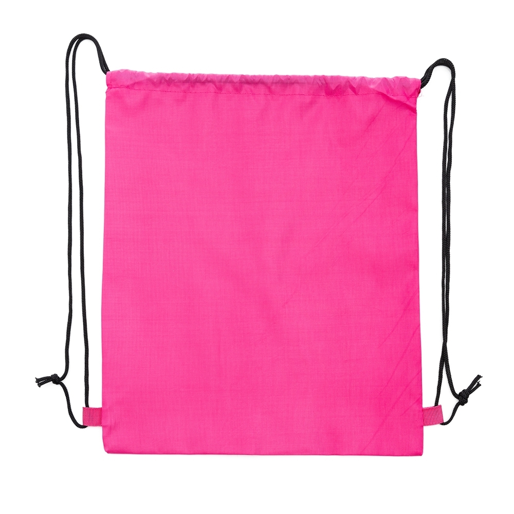 Sacochila em poliéster personalizada com a logo da empresa, na cor rosa