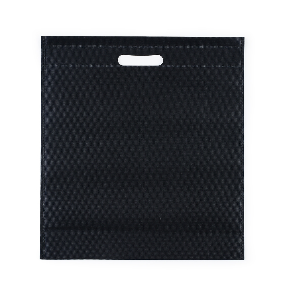 Sacola de TNT quadrada com alça vazada na cor Preto, personalizada com a logo da empresa