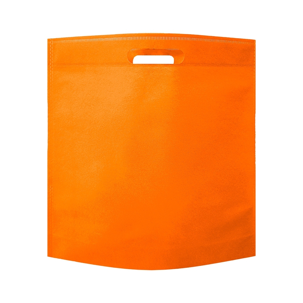 Sacola de TNT termosselada horizontal com alça vazada personalizada com a logo da empresa, na cor laranja