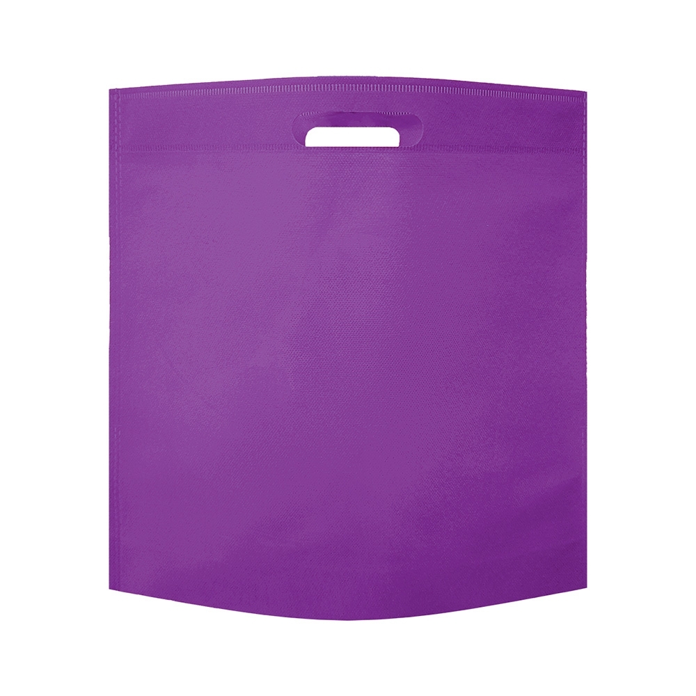 Sacola de TNT termosselada horizontal com alça vazada personalizada com a logo da empresa, na cor roxo