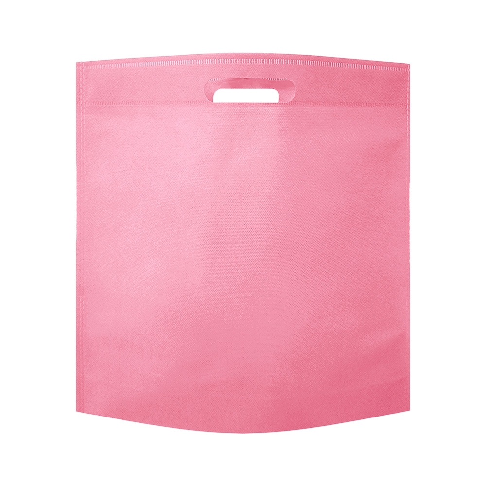 Sacola de TNT termosselada horizontal com alça vazada personalizada com a logo da empresa, na cor rosa claro