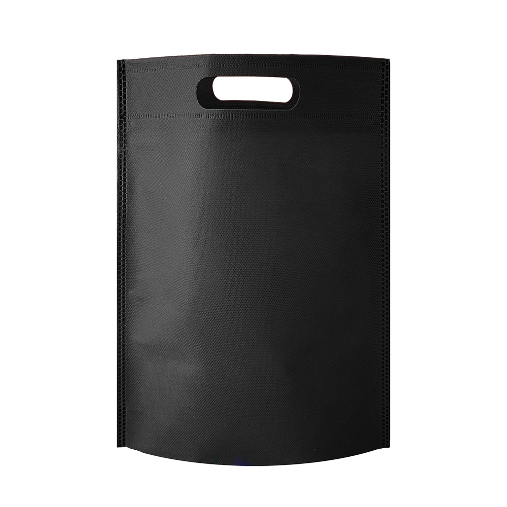 Sacola de TNT termosselada vertical com alça vazada na cor Preto, personalizada com a logo da empresa