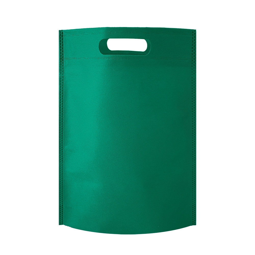 Sacola de TNT termosselada vertical com alça vazada personalizada com a logo da empresa, na cor roxo / verde