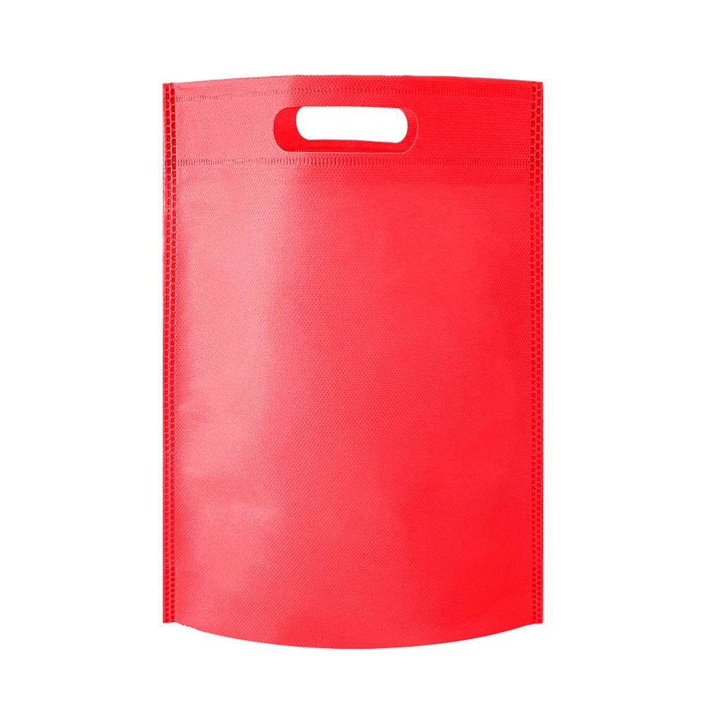 Sacola de TNT termosselada vertical com alça vazada personalizada com a logo da empresa, na cor vermelho