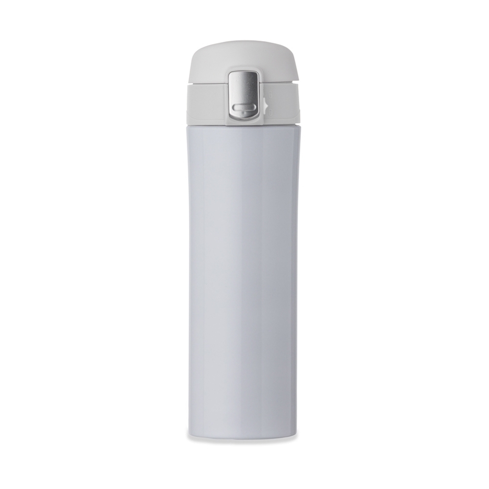 Garrafa térmica 450 ml com tampa de botão personalizada com a logo da empresa, na cor branco