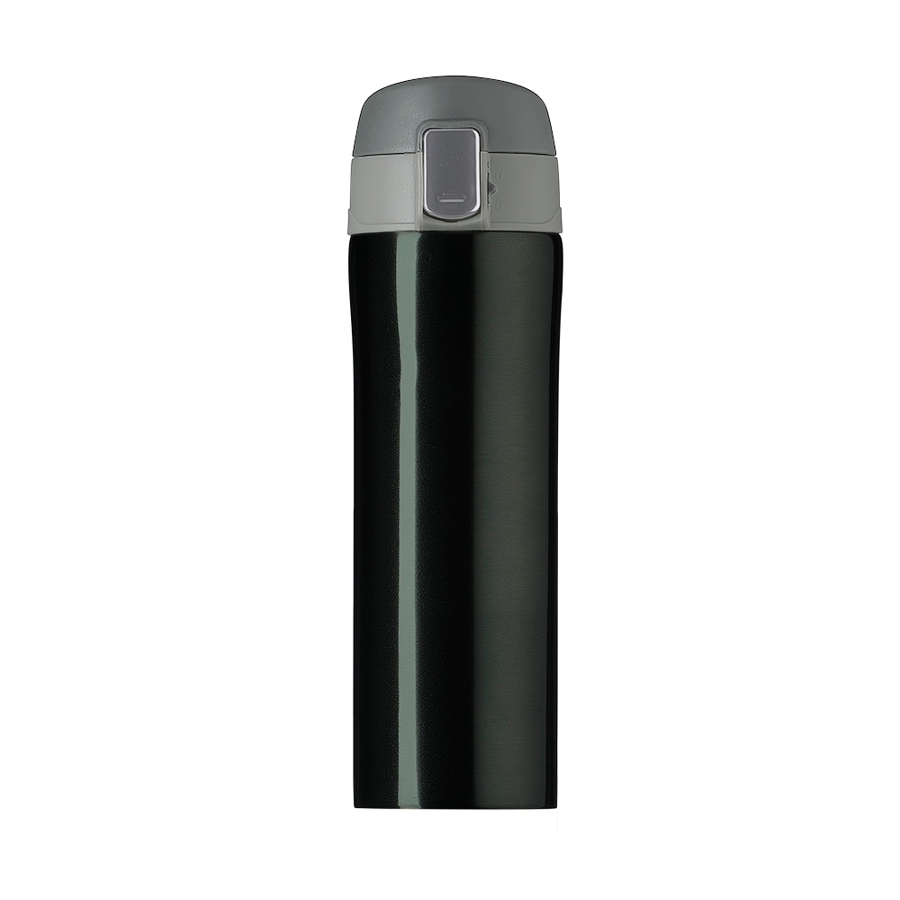 Garrafa térmica 450 ml com tampa de botão personalizada com a logo da empresa, na cor chumbo