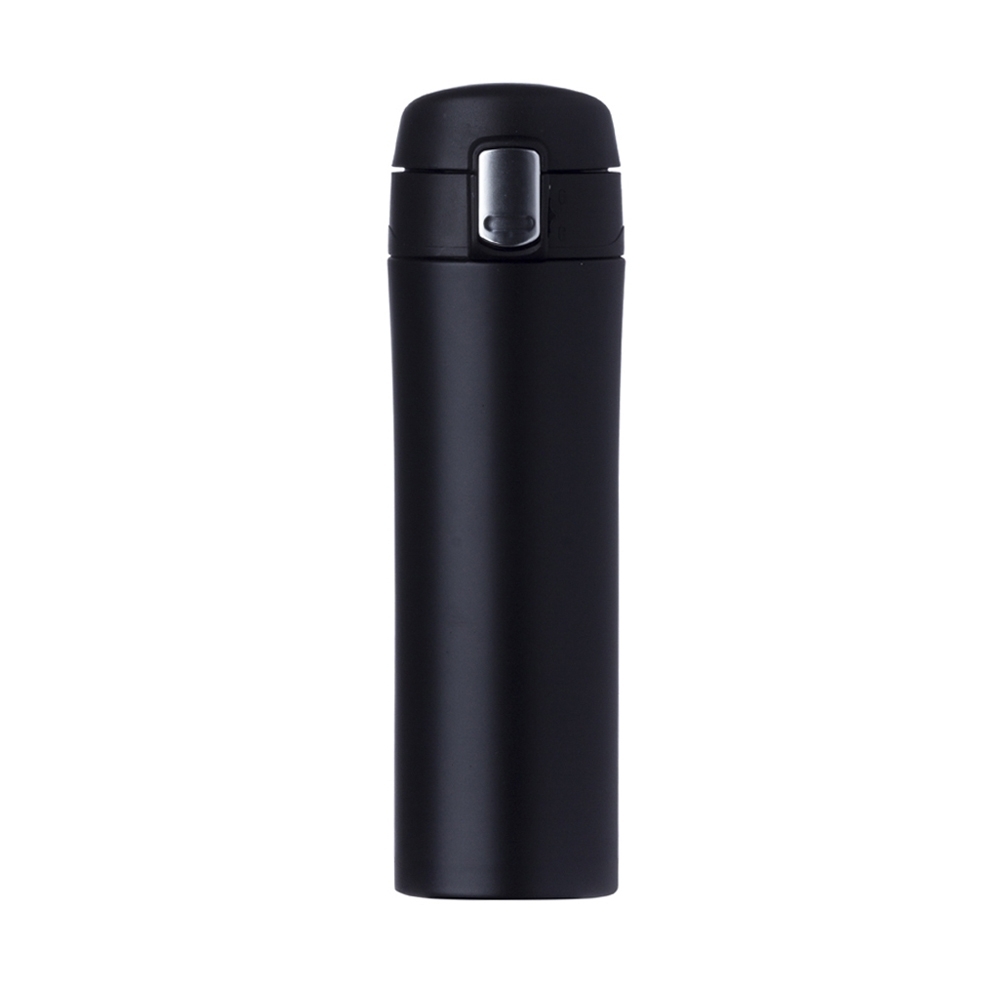 Garrafa térmica 450 ml com tampa de botão na cor Preto, personalizada com a logo da empresa