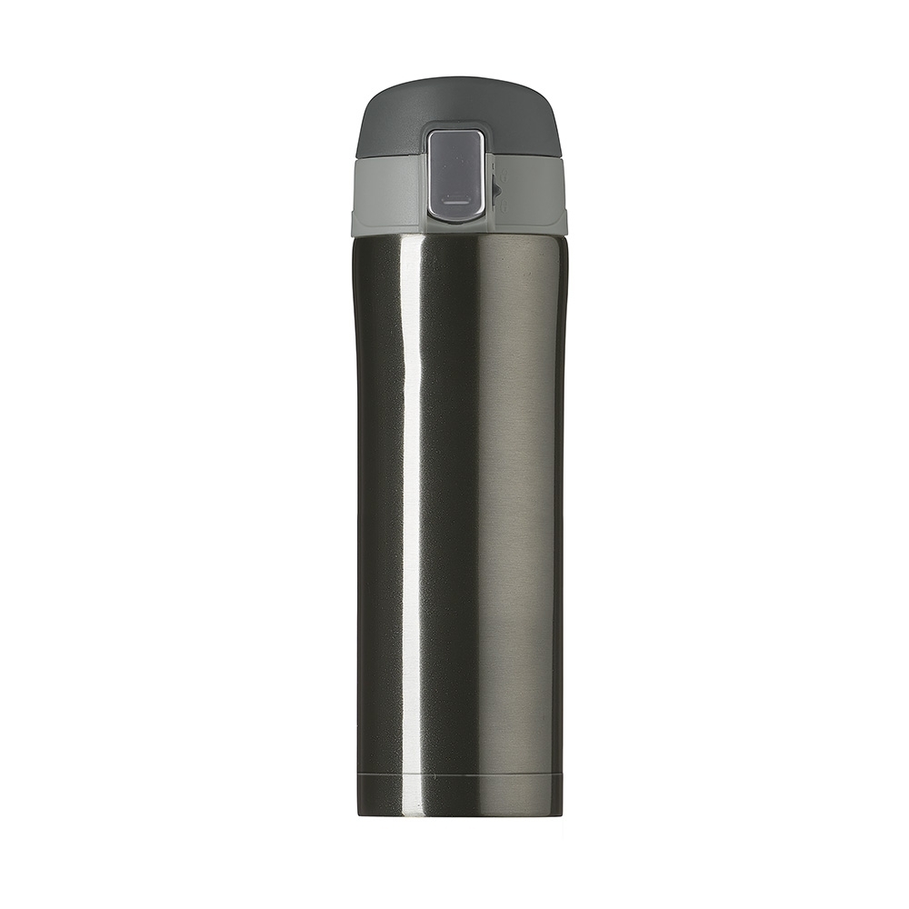 Garrafa térmica 450 ml de inox com trava e tampa de botão na cor Chumbo, personalizada com a logo da empresa