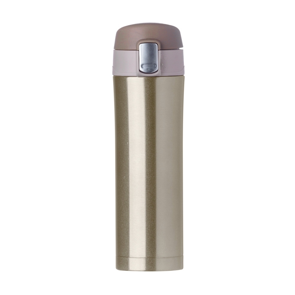 Garrafa térmica 450 ml de inox com trava e tampa de botão personalizada com a logo da empresa, na cor dourado