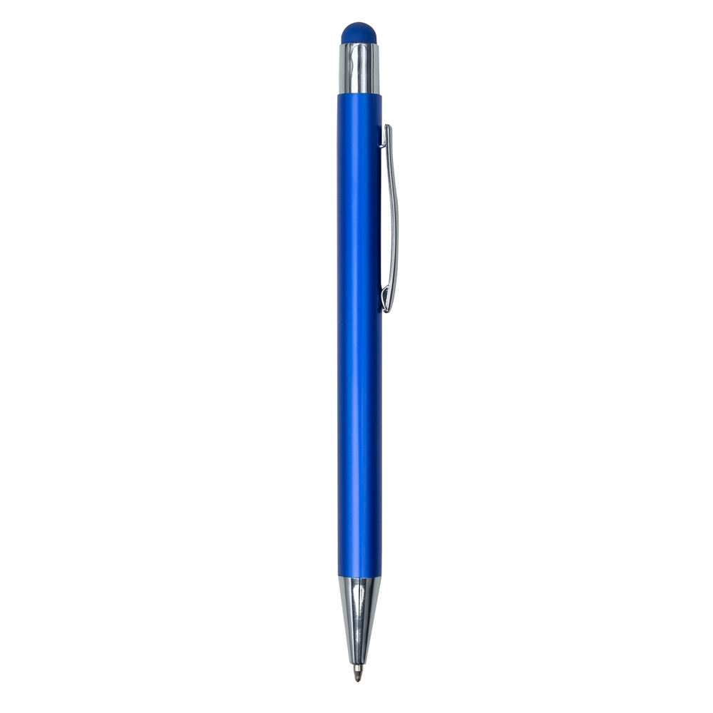 Caneta de metal com ponta touch personalizada com a logo da empresa, na cor azul