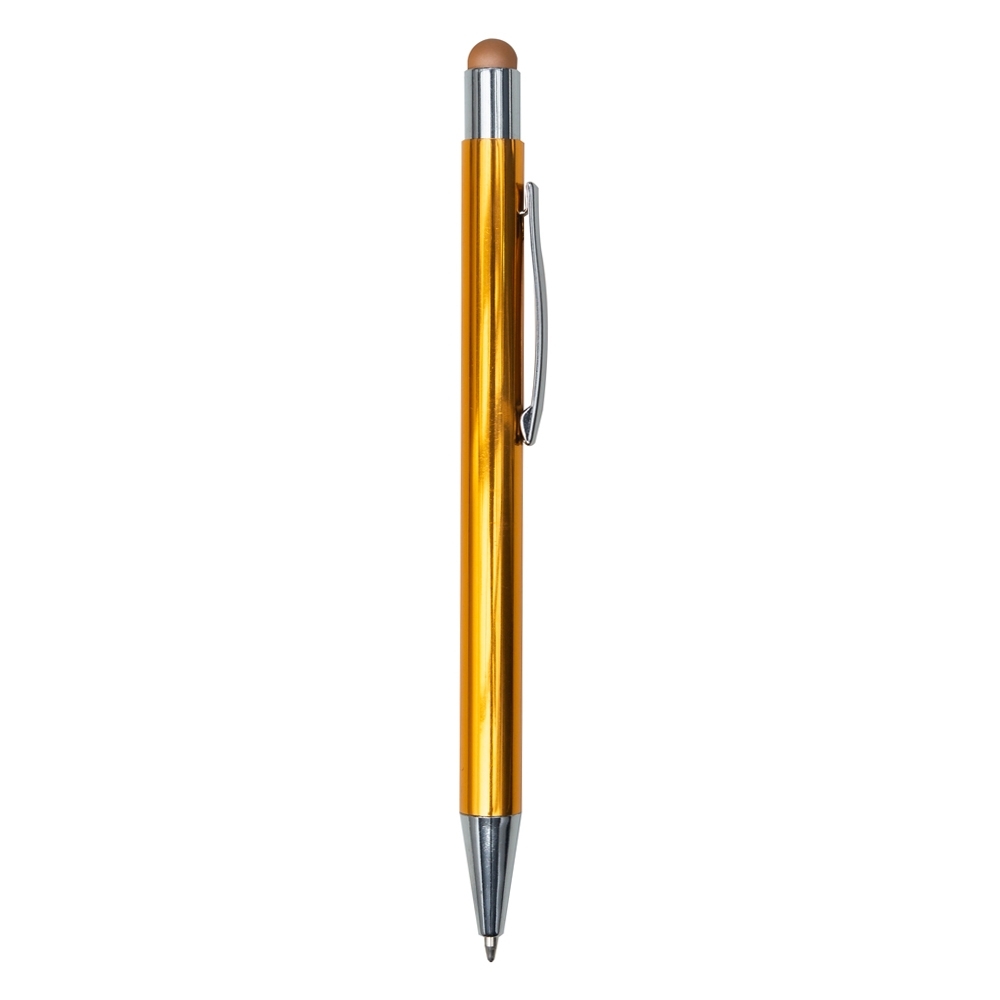 Caneta de metal com ponta touch personalizada com a logo da empresa, na cor dourado / cromado