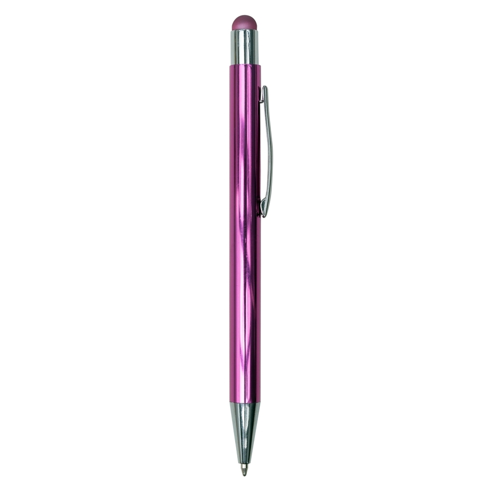 Caneta de metal com ponta touch personalizada com a logo da empresa, na cor rosa / cromado