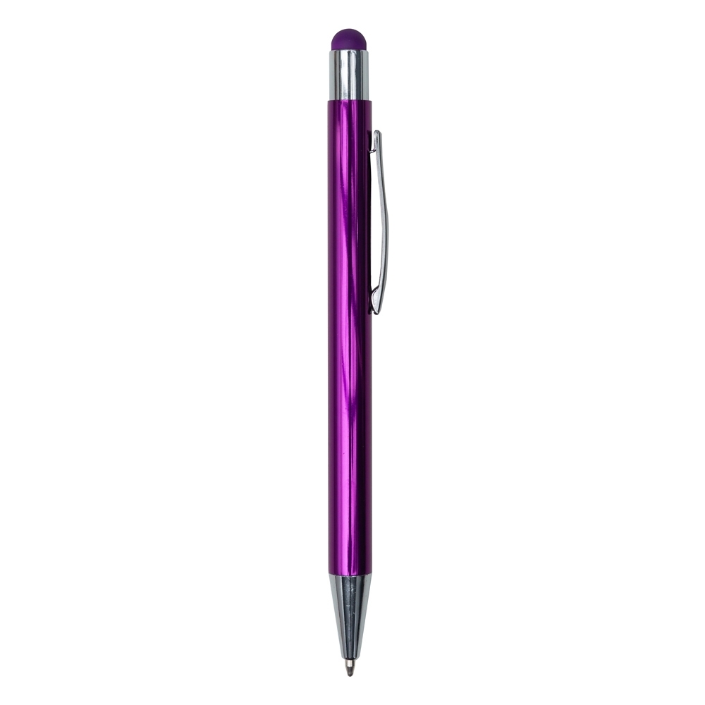 Caneta de metal com ponta touch personalizada com a logo da empresa, na cor roxo / cromado