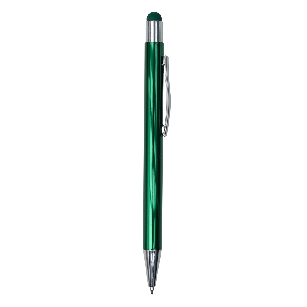 Caneta de metal com ponta touch personalizada com a logo da empresa, na cor verde / cromado