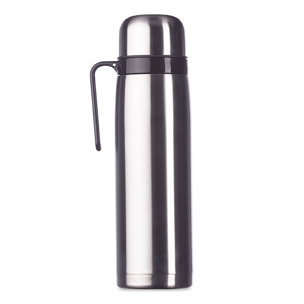 Garrafa térmica 1 litro inox com alça na cor Prata, personalizada com a logo da empresa