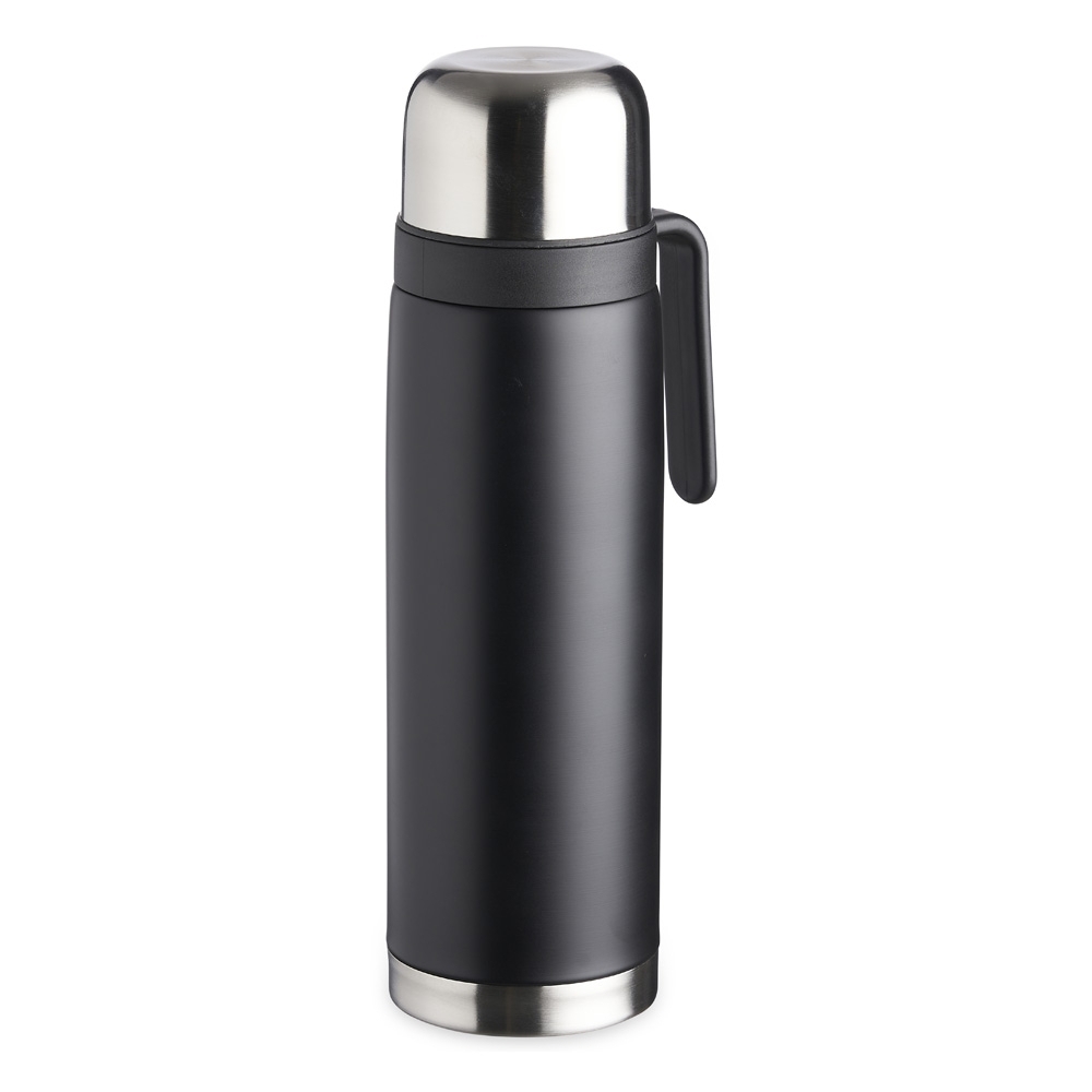 Garrafa térmica 900 ml inox com alça na cor Preto / Inox, personalizada com a logo da empresa