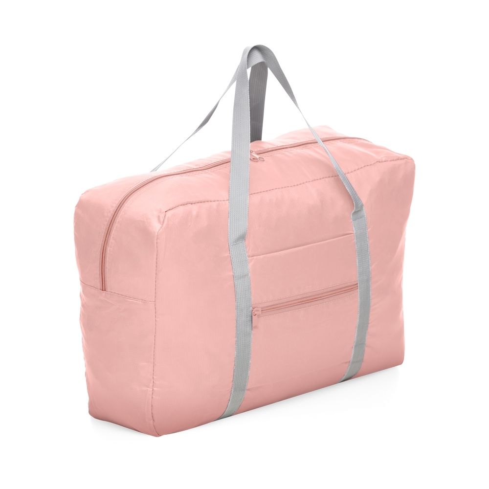 Bolsa de viagem dobrável 32 litros de poliéster com 2 compartimentos personalizada com a logo da empresa, na cor rosa