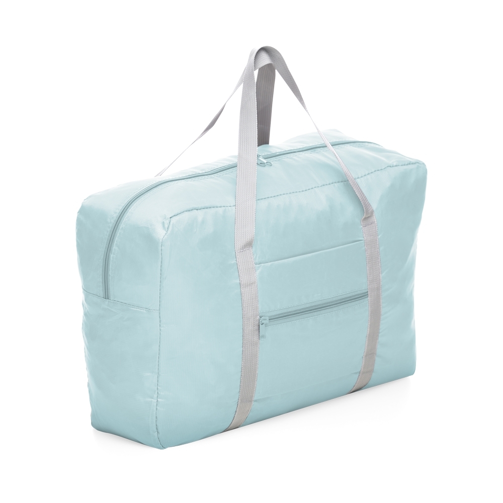 Bolsa de viagem dobrável 32 litros de poliéster com 2 compartimentos personalizada com a logo da empresa, na cor turquesa