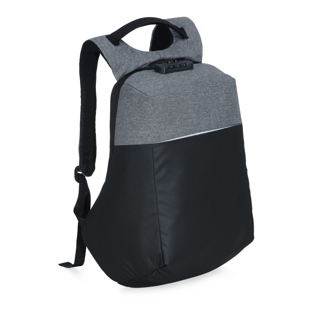 Mochila de poliéster anti-furto USB com segredo 31 litros na cor Preto / Cinza, personalizada com a logo da empresa