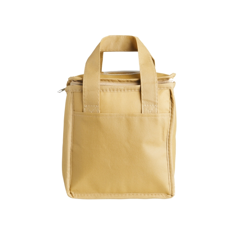 Bolsa térmica 7 litros de TNT com bolso frontal personalizada com a logo da empresa, na cor bege