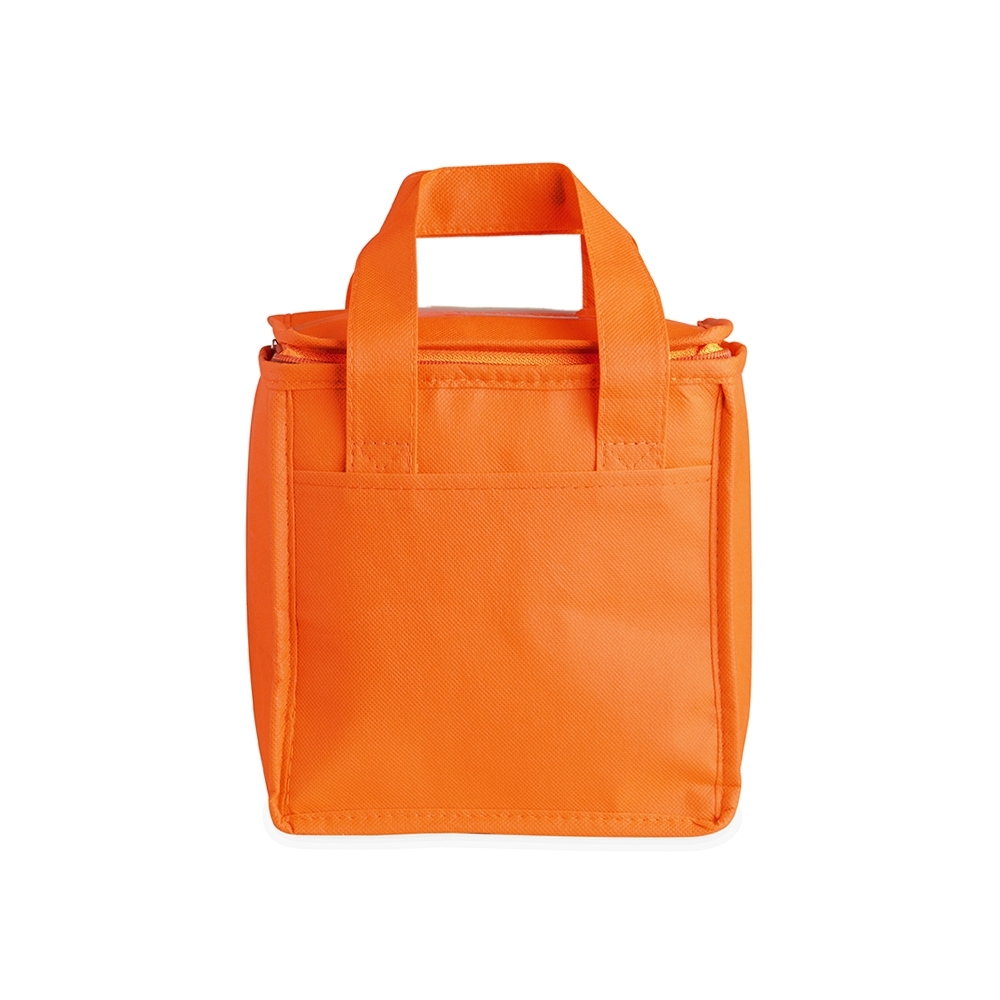 Bolsa térmica 7 litros de TNT com bolso frontal personalizada com a logo da empresa, na cor laranja
