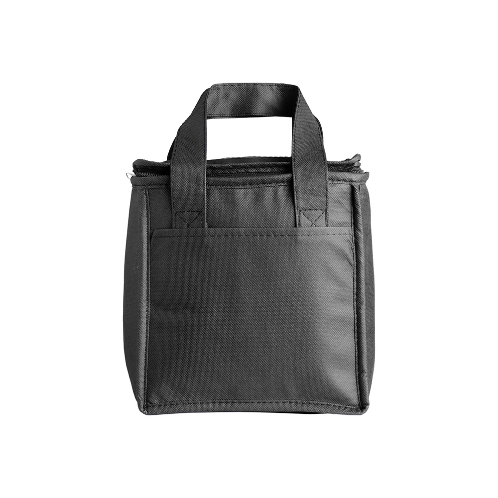 Bolsa térmica 7 litros de TNT com bolso frontal na cor Preto, personalizada com a logo da empresa